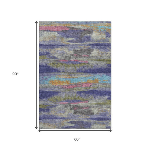 5' X 8' Lavender Pink And Orange Abstract Washable Area Rug With UV Protection