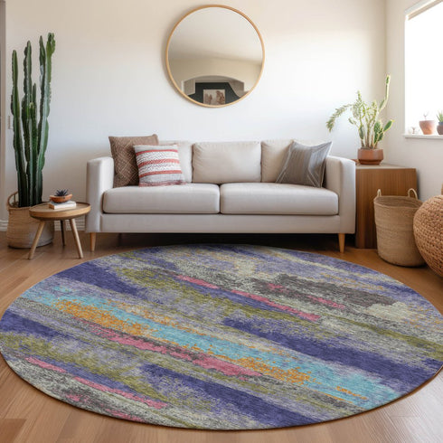 8' Lavender Pink And Orange Abstract Washable Round Rug With UV Protection