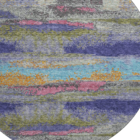 8' Lavender Pink And Orange Abstract Washable Round Rug With UV Protection