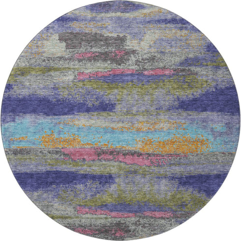 8' Lavender Pink And Orange Abstract Washable Round Rug With UV Protection