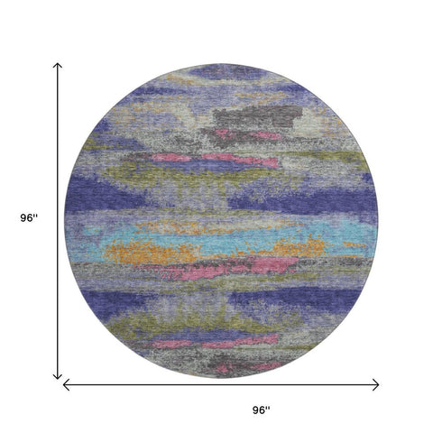 8' Lavender Pink And Orange Abstract Washable Round Rug With UV Protection
