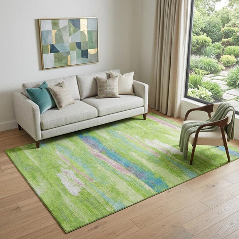 5' X 8' Lime Green Blue And Pink Abstract Washable Area Rug With UV Protection