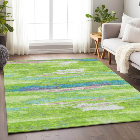 8' X 10' Lime Green Blue And Pink Abstract Washable Area Rug With UV Protection
