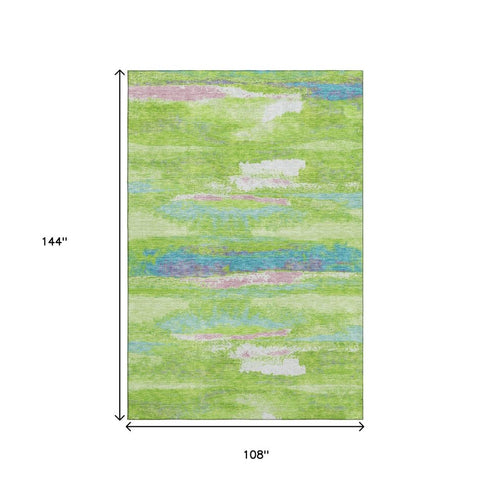 9' X 12' Lime Green Blue And Pink Abstract Washable Area Rug With UV Protection