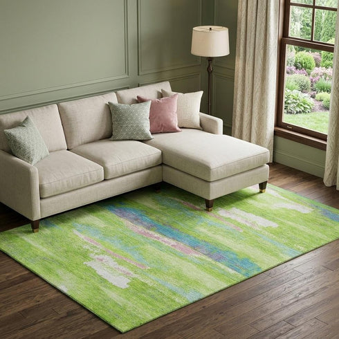 9' X 12' Lime Green Blue And Pink Abstract Washable Area Rug With UV Protection