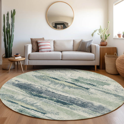 8' Mint Green Ivory And Blue Abstract Washable Round Rug With UV Protection