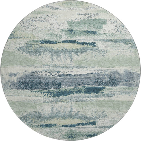 8' Mint Green Ivory And Blue Abstract Washable Round Rug With UV Protection