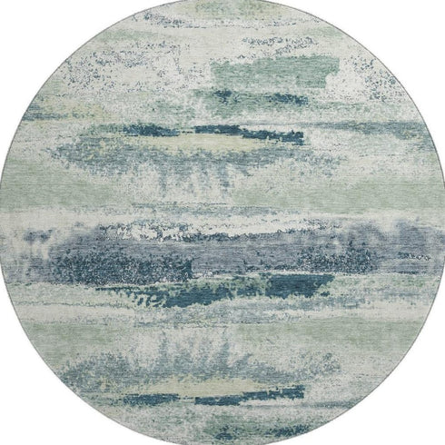 8' Mint Green Ivory And Blue Abstract Washable Round Rug With UV Protection