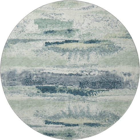 8' Mint Green Ivory And Blue Abstract Washable Round Rug With UV Protection