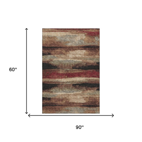 5' X 8' Coffee Burgundy And Beige Abstract Washable Area Rug With UV Protection