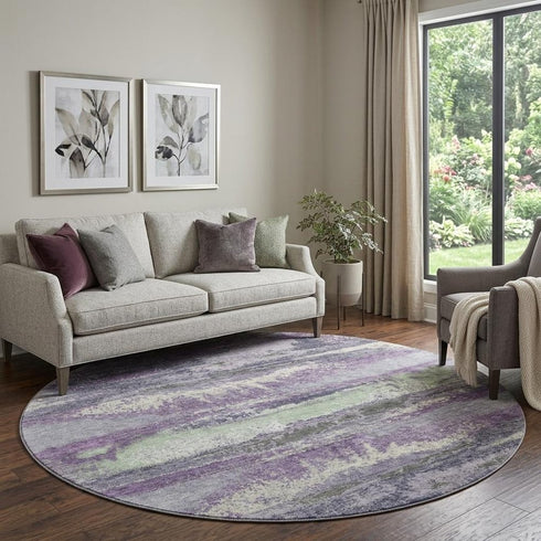 8' Purple And Ivory Abstract Washable Round Rug With UV Protection