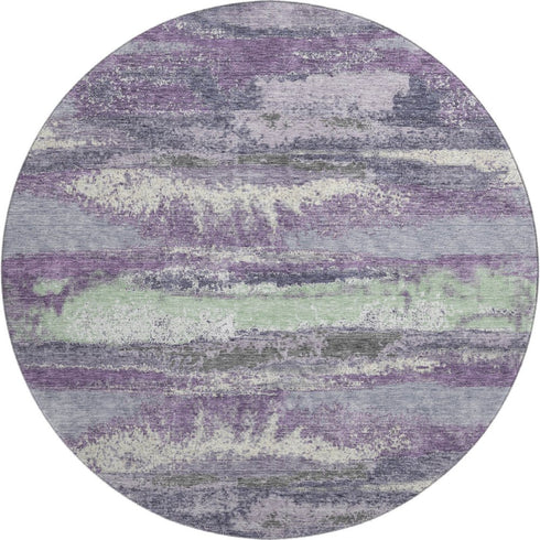 8' Purple And Ivory Abstract Washable Round Rug With UV Protection