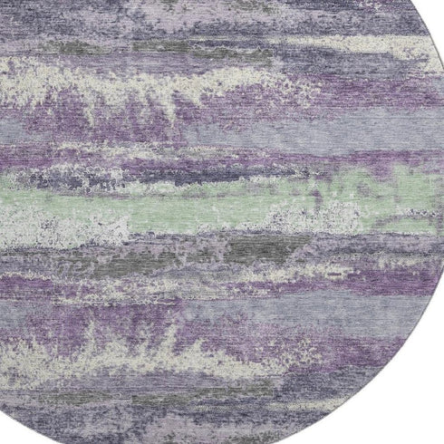 8' Purple And Ivory Abstract Washable Round Rug With UV Protection