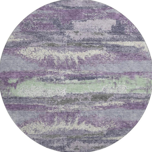 8' Purple And Ivory Abstract Washable Round Rug With UV Protection