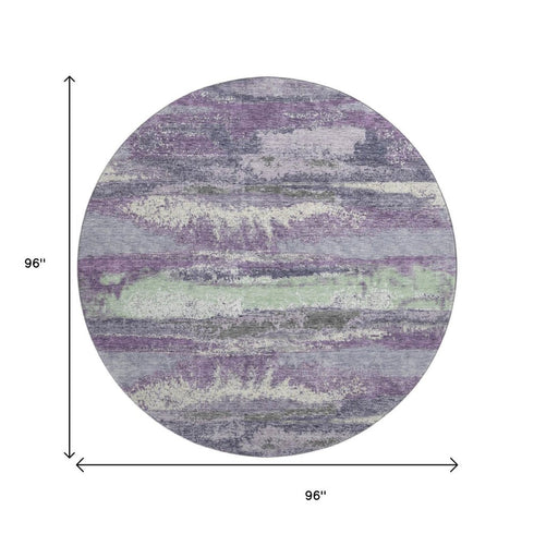 8' Purple And Ivory Abstract Washable Round Rug With UV Protection