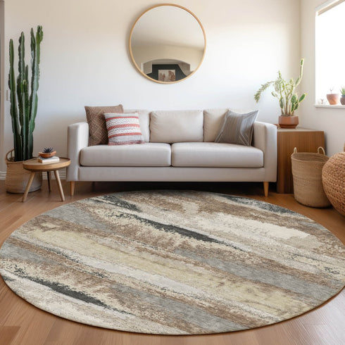 8' Taupe Beige And Brown Abstract Washable Round Rug With UV Protection