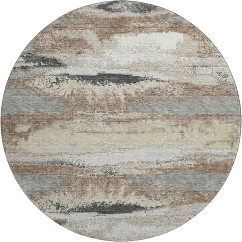 8' Taupe Beige And Brown Abstract Washable Round Rug With UV Protection