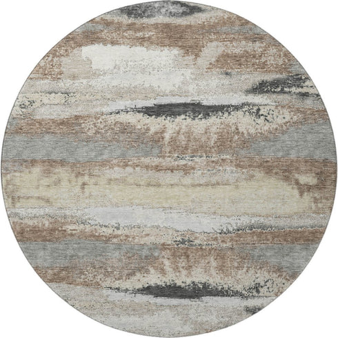 8' Taupe Beige And Brown Abstract Washable Round Rug With UV Protection