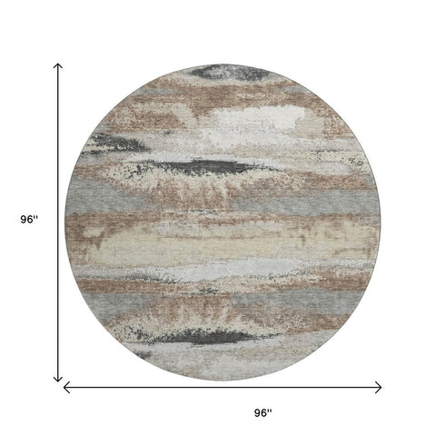 8' Taupe Beige And Brown Abstract Washable Round Rug With UV Protection