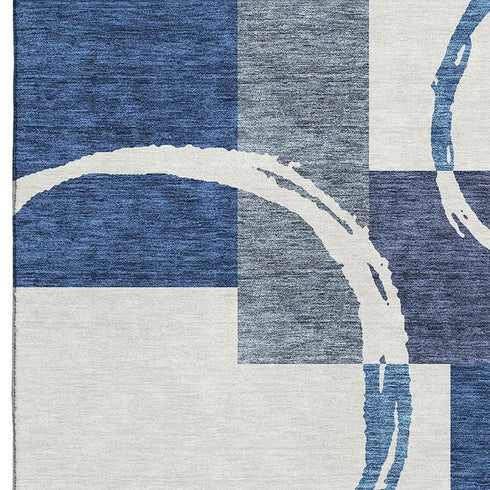 5' X 8' Blue And Ivory Geometric Washable Area Rug With UV Protection