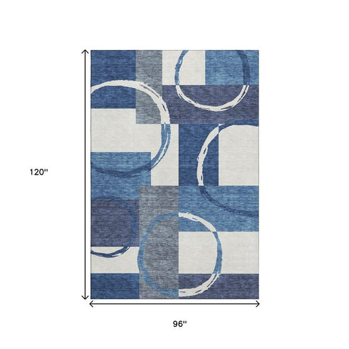 8' X 10' Blue And Ivory Geometric Washable Area Rug With UV Protection