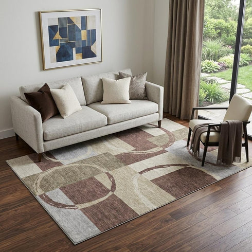 5' X 8' Brown Beige And Ivory Geometric Washable Area Rug With UV Protection