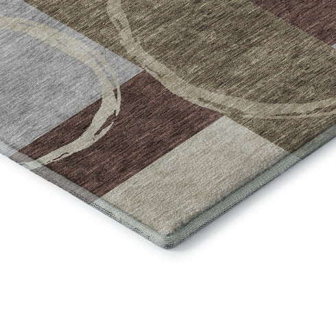 5' X 8' Brown Beige And Ivory Geometric Washable Area Rug With UV Protection