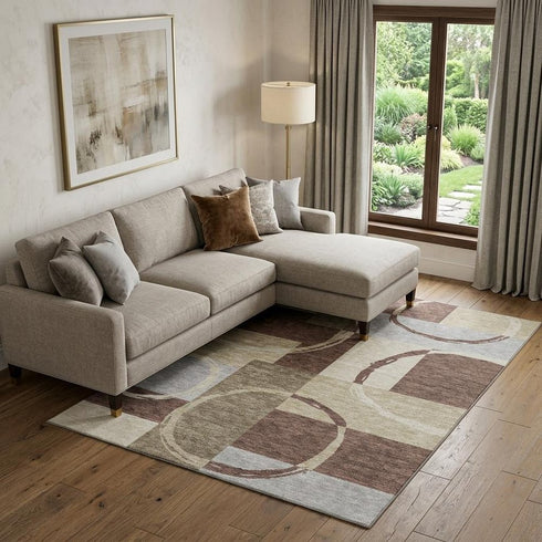 8' X 10' Brown Beige And Ivory Geometric Washable Area Rug With UV Protection