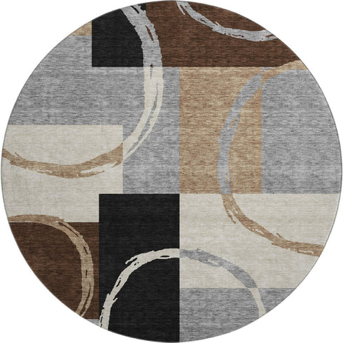 8' Pewter Gray And Black Geometric Washable Round Rug With UV Protection