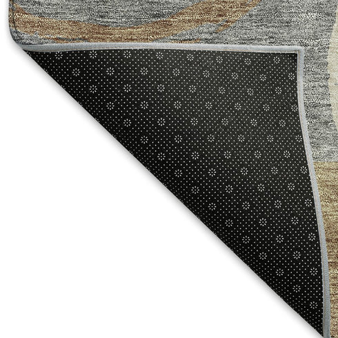 8' Pewter Gray And Black Geometric Washable Round Rug With UV Protection