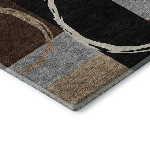8' Pewter Gray And Black Geometric Washable Round Rug With UV Protection