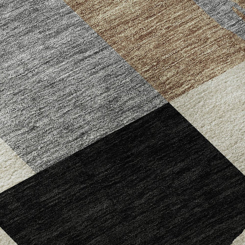 8' Pewter Gray And Black Geometric Washable Round Rug With UV Protection