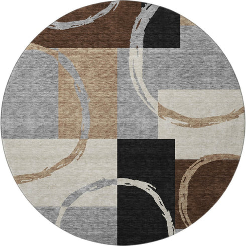 8' Pewter Gray And Black Geometric Washable Round Rug With UV Protection