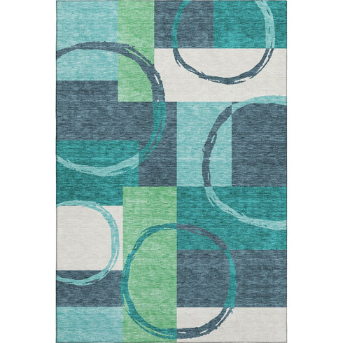 5' X 8' Teal Ivory And Green Geometric Washable Area Rug With UV Protection