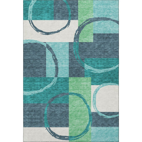 5' X 8' Teal Ivory And Green Geometric Washable Area Rug With UV Protection