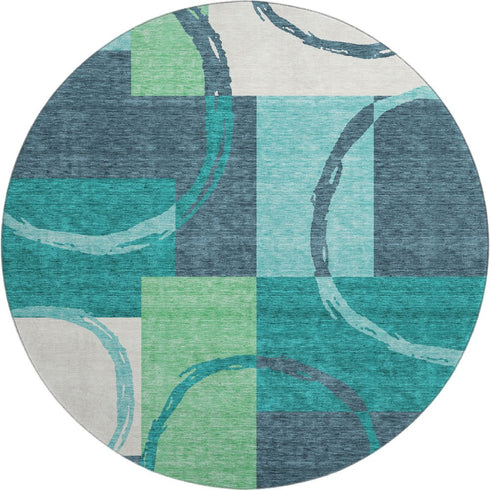 8' Teal Ivory And Green Geometric Washable Round Rug With UV Protection
