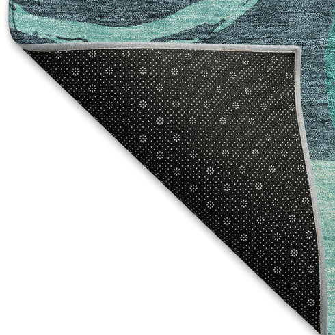 8' Teal Ivory And Green Geometric Washable Round Rug With UV Protection