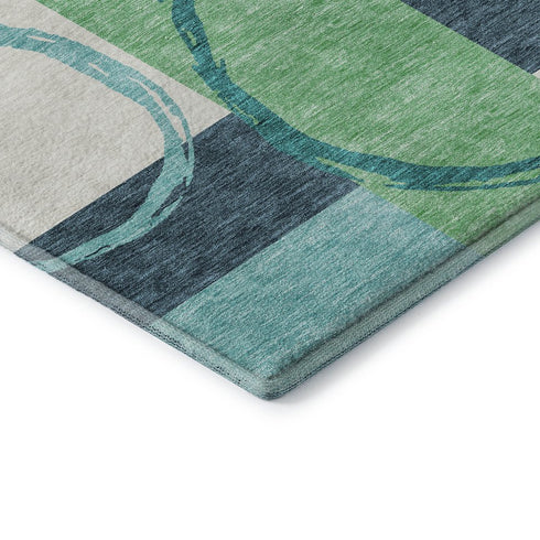 8' Teal Ivory And Green Geometric Washable Round Rug With UV Protection