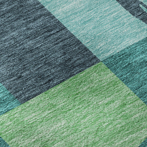 8' Teal Ivory And Green Geometric Washable Round Rug With UV Protection