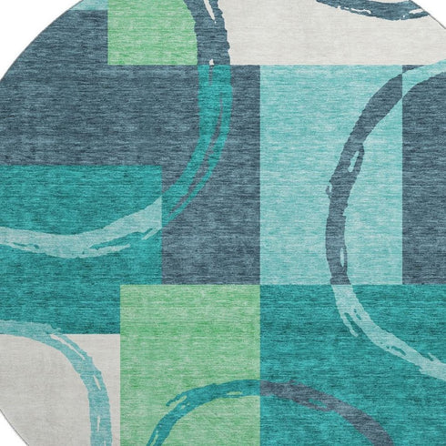 8' Teal Ivory And Green Geometric Washable Round Rug With UV Protection