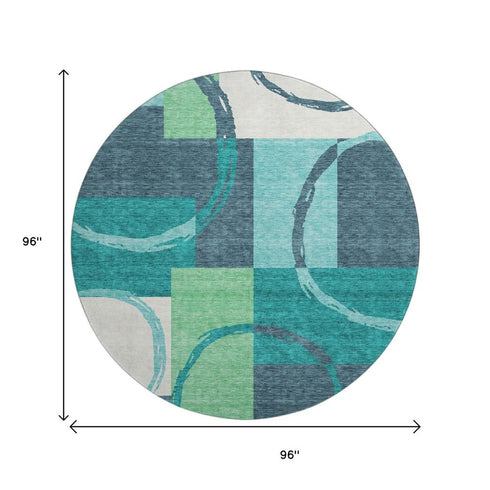 8' Teal Ivory And Green Geometric Washable Round Rug With UV Protection