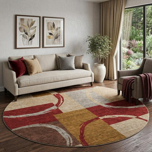 8' Wheat Burgundy And Gray Geometric Washable Round Rug With UV Protection