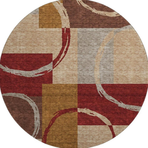 8' Wheat Burgundy And Gray Geometric Washable Round Rug With UV Protection