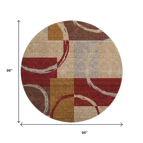 8' Wheat Burgundy And Gray Geometric Washable Round Rug With UV Protection
