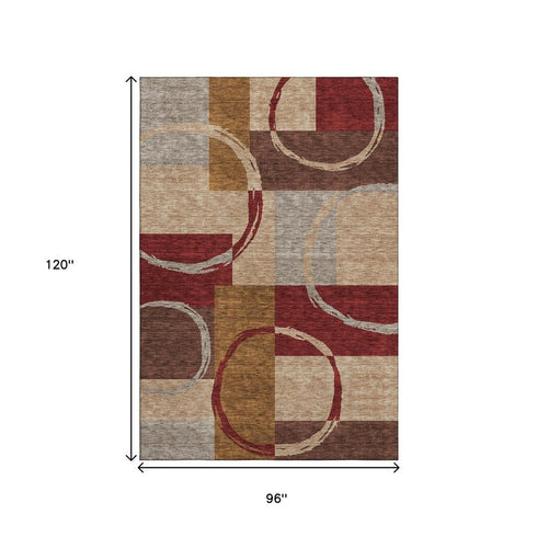 8' X 10' Wheat Burgundy And Gray Geometric Washable Area Rug With UV Protection
