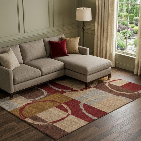8' X 10' Wheat Burgundy And Gray Geometric Washable Area Rug With UV Protection