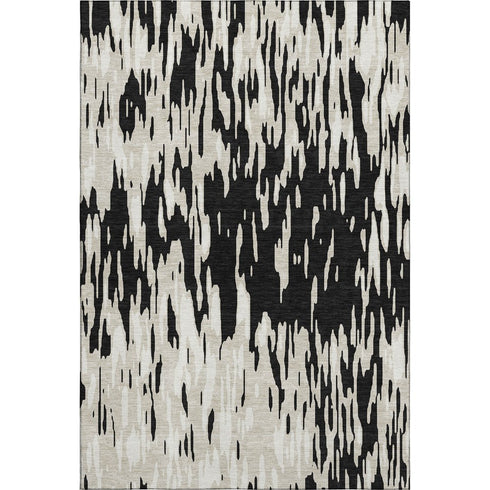 5' X 8' Black And Ivory Abstract Washable Area Rug With UV Protection