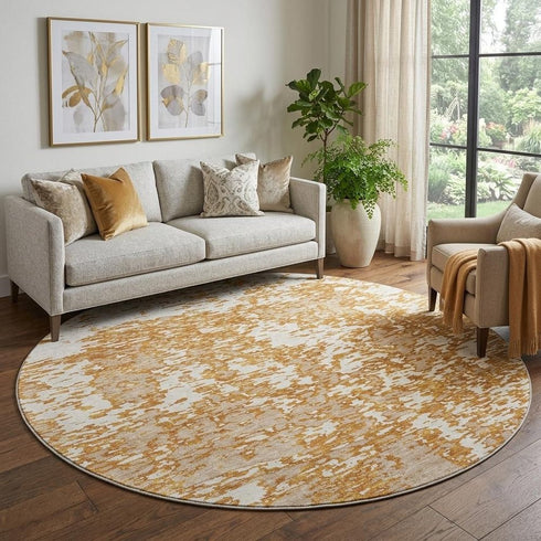8' Copper And Ivory Abstract Washable Round Rug With UV Protection