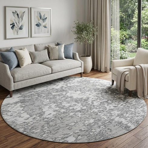 8' Gray And Silver Abstract Washable Round Rug With UV Protection