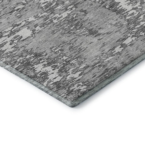 8' Gray And Silver Abstract Washable Round Rug With UV Protection